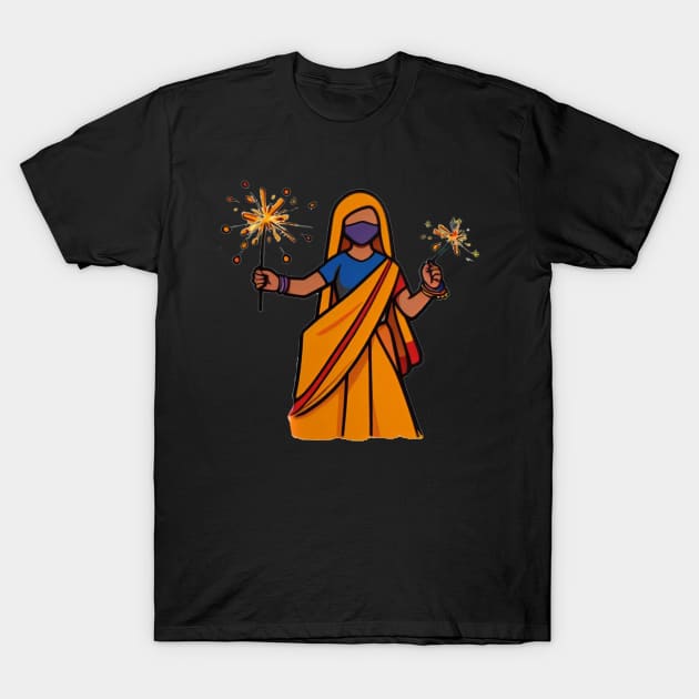Graceful Celebration: Indian Woman in Traditional Attire with Fireworks T-Shirt by abdelDes